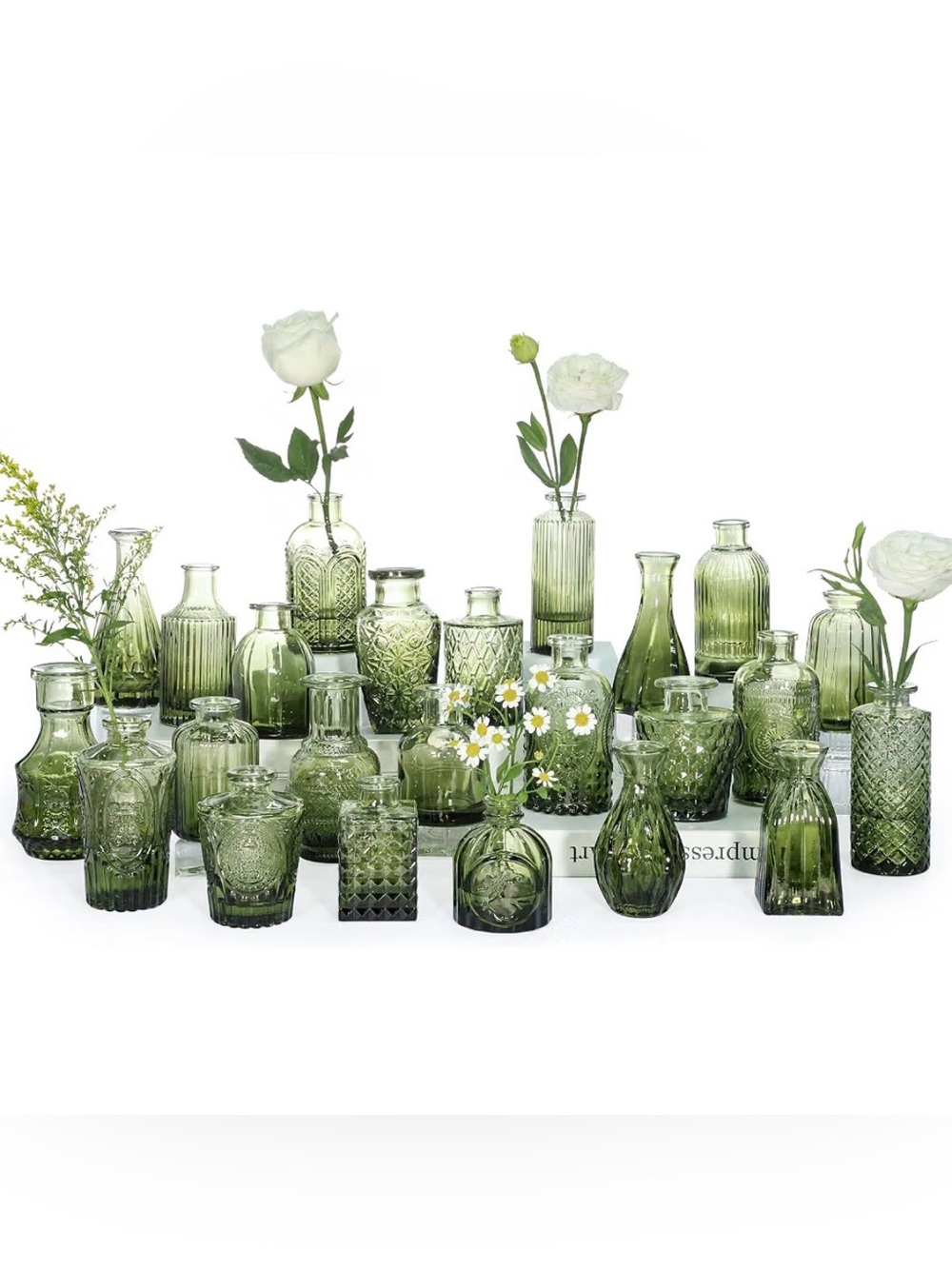 24 Green Glass Bud Vases Wedding Centerpieces
